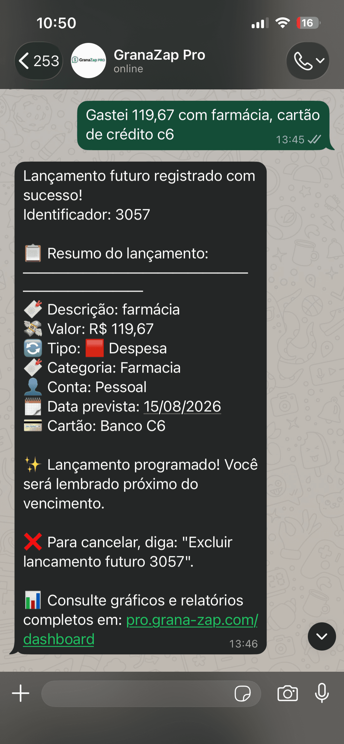 Conversa real no WhatsApp registrando um gasto com a IA do GranaZap PRO